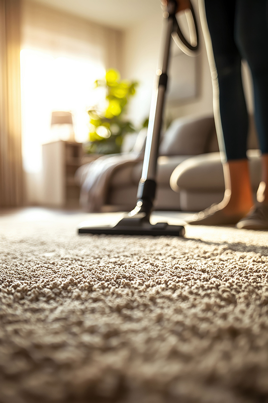 A woman cleans a carpet with a vacuum cleaner in a sunlit living room during daylight hours